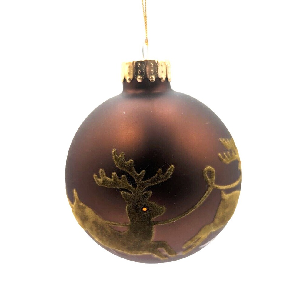 Large brown glass ball Christmas ornament flocked reindeer Santa's sleigh